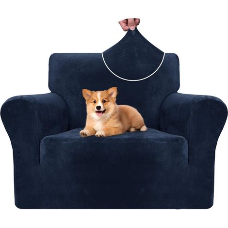 Samt Sofa Überzug 1 Sitzer, elastisch, rutschfest, dunkelblau (1/5)