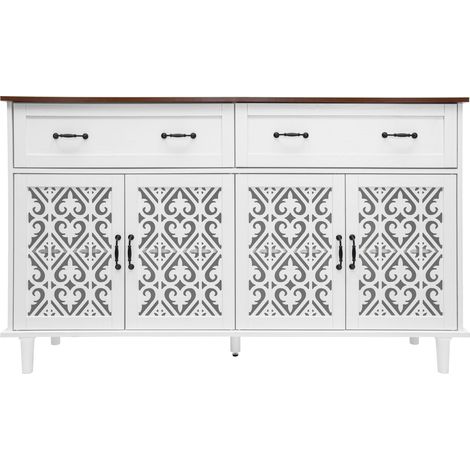 CAIziBuffet vintage avec 4 portes et 2 tiroirs, portes décoratives sculptées, plateau en bois massif bicolore, étagères réglables, pieds robustes en bois massif, enfilade pour salon et salle à manger (1/5)