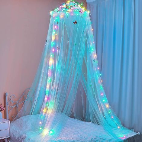 Couvre-lit, rideau, moustiquaire, lumière LED, décoration avec étoiles et papillons, chambre d'enfant, bleu (1/3)
