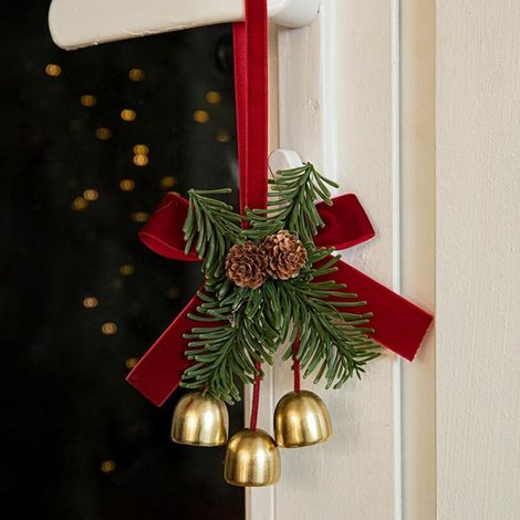Élégante suspension pour sapin de Noël avec ruban de velours, clochettes et pommes de pin, décoration de fenêtre (3 clochettes). (1/5)