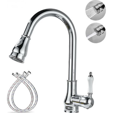 Retro kitchen faucet, mixer tap, single-handle faucet with swivel spout, chrome finish, hose included (1/5)