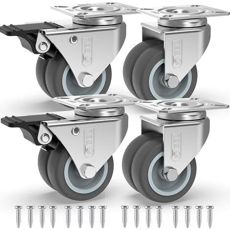 4 Roulettes Pivotantes Pour Meubles dont 2 avec Frein + Vis - 50mm Jusqu'à 400KG - Roulette Sans Traces au Sol pour Charge Lourde - Roue en Caoutchouc pour Chariot - Argentées