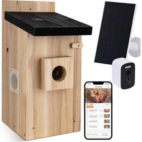 Nichoir pour oiseaux avec caméra 5MP – Vision nocturne – Conception en bois naturel – Observation en temps réel – Application smartphone