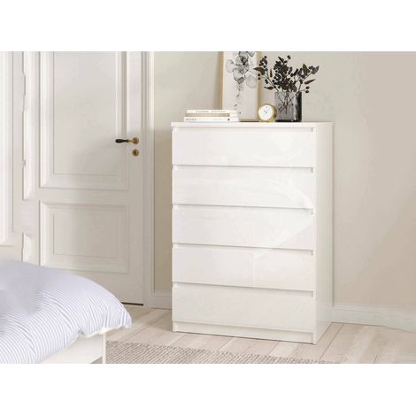 Dmora Cajonera con cinco cajones, color blanco brillo, Medidas 77 x 113 x 50 cm, con embalaje reforzado (1/5)