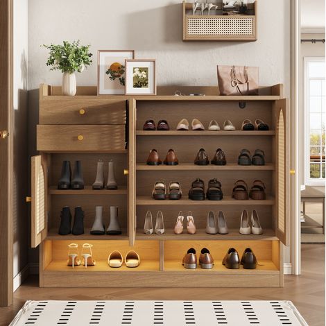 Zapatero 120x35x100 cm MDF natural con LED para recibidor y almacenaje - CHICFURN (1/5)