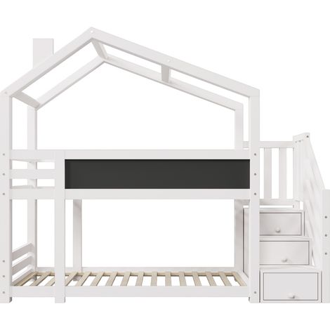 Kinder-Etagenbett Hausbett 90 x 200 cm Weiß mit Stauraum, Tafel und 2 Lattenrosten (1/5)