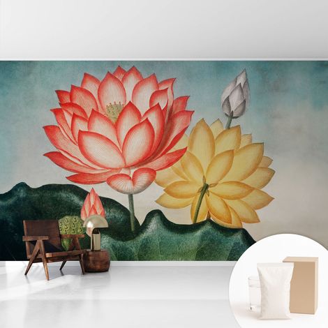 Tapete Vliestapete mit Kleber für Wohnzimmer Schlafzimmer Küche - Wanddekoration Lotusblumen 416x254 cm (1/5)