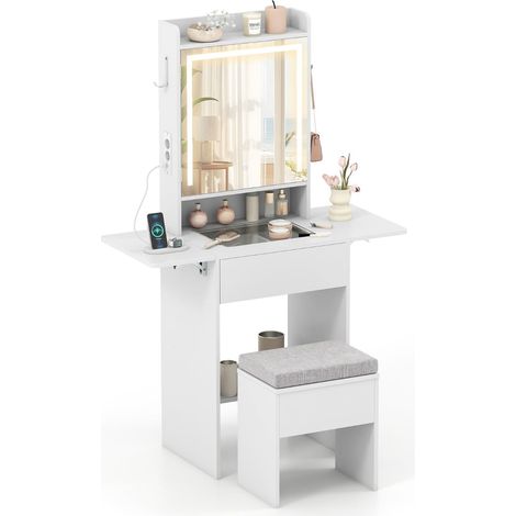 Set da toeletta con specchio a LED, sgabello, prese elettriche
