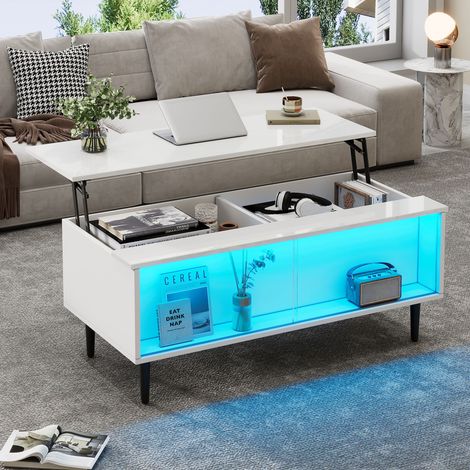 Table basse relevable 105x50x43 cm avec LED, rangement caché, plateau en verre trempé, 4 pieds, blanc (1/5)