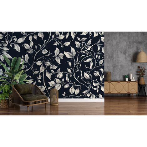 Papier peint nature - feuillage dense en noir et blanc - 150 x 250 cm (1/2)