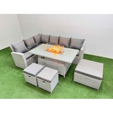 Fimous 9 Seat Rattan Garden Furniture Corner Sofa Set Outdoor Gas Fire Pit Table Sets with 3 Footstools Light Grey (1/5)
