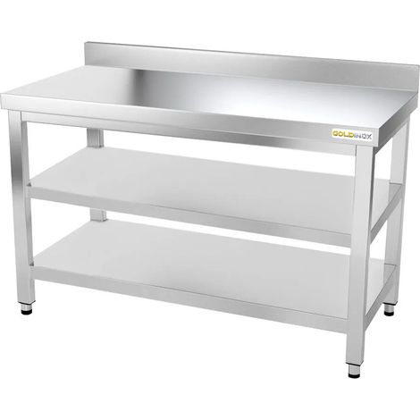 Table de travail en inox 1600 x 700 mm adossée avec 2 étagères PREMIUM - GOLDINOX (1/4)