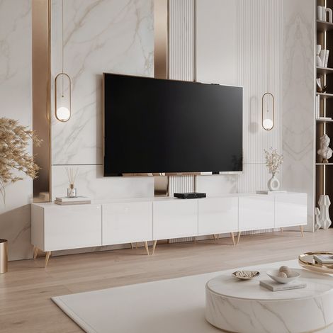 Meuble TV ANGEL - avec LED - 300x40x49 cm - 6 portes sans poignées - Blanc brillant (1/5)