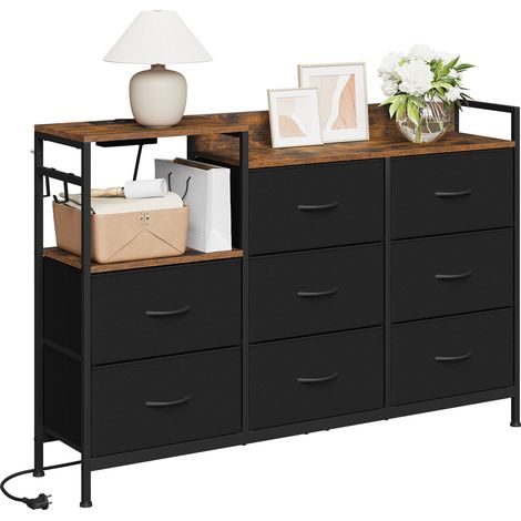 WOLTU 8 Drawer Chest of Drawers Bedroom Storage Furniture with Charging Station, Rustic brown and Black