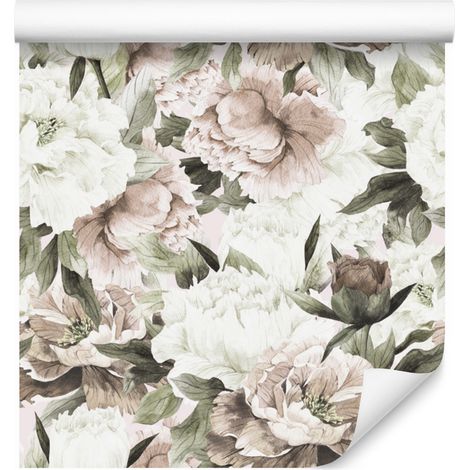 Papel pintado con flores y hojas de naturaleza en acuarela para salón y dormitorio, 50x1000 cm. (1/5)