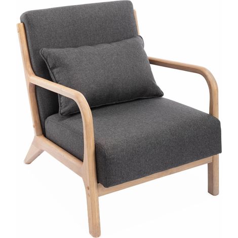 Fauteuil design en bois et tissu. 1 place droit fixe. pieds compas scandinave. structure en bois solide. assise confortable. gris foncé