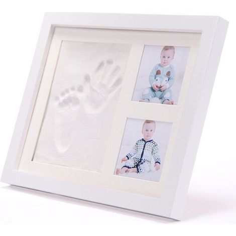 Cornice portafoto in legno in tre pezzi con coperchio, kit per impronte di mani e piedi di neonato, fango bianco (1/5)