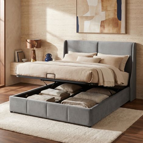Letto matrimoniale contenitore 140x190 cm con rete sollevabile idraulica, ampio vano contenitore, velluto grigio