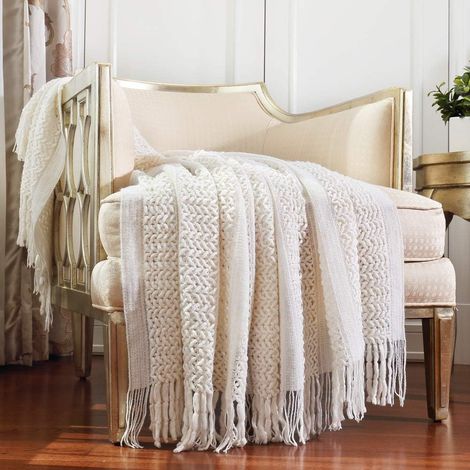 Plaid décoratif en Tricot, Doux, Chaud, Confortable, léger pour Maison, canapé, Chaise, lit - 127 x 152 cm, crème/Blanc (1/5)