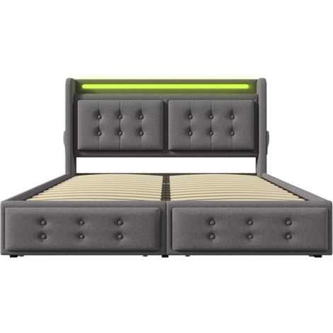 Lit coffre 140x200 gris avec tête de lit LED et ports USB-C, 4 tiroirs, cadre en bois et métal (1/5)