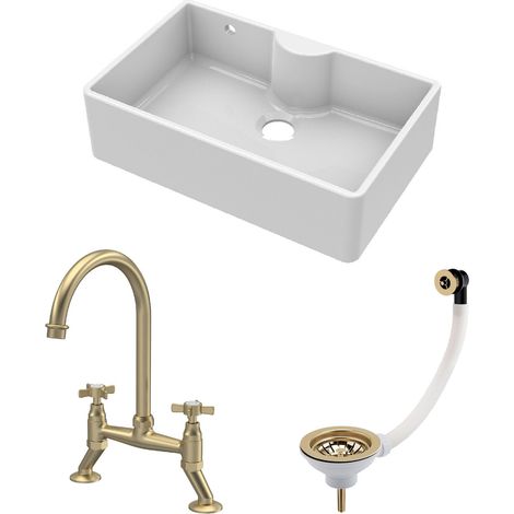Fireclay Kitchen Bundle - 1 Bowl Butler Sink with Overflow & Ledge, Waste & Bridge Tap, 795mm - Brushed Brass