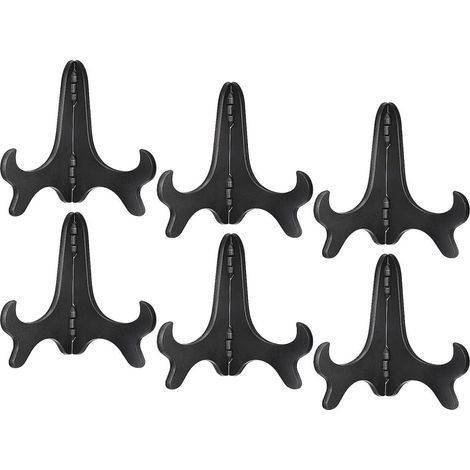 Un ensemble de 6 supports à plateaux de style chevalet, de 10 cm de haut, en plastique imitation bois.