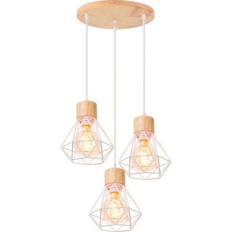 Lampe À Suspension Vintage Suspension Luminaire Rétro Blanc 3 Lumières Plafonnier D'Intérieur Moderne En Métal Et En Bois (1/5)