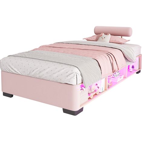 Lit Enfant Simple 90 x 200 cm en Velours, Étagère Latérale LED et Têtières Modulables, sans Matelas, Rose (1/5)