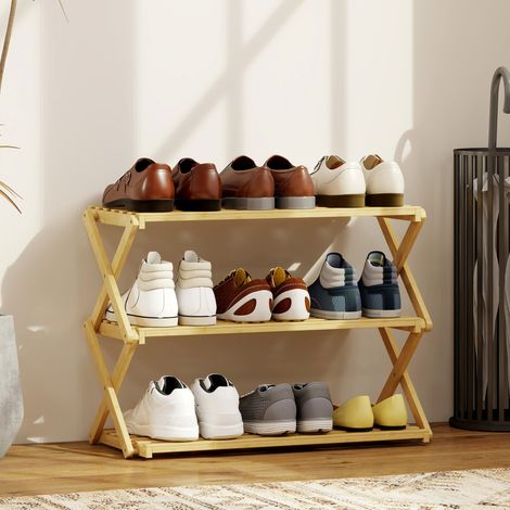 Porte-chaussures verticale naturelle en bambou étroit pliant à 3 niveaux sans installation (1/4)