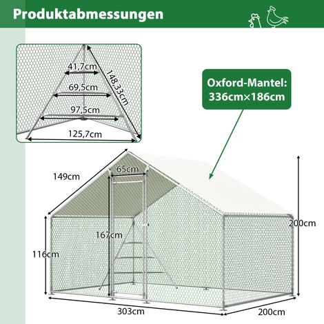 Volière extérieure robuste 3x2m, toit inclus, grande zone de jeu avec structure d'escalade – Enclos sécurisé pour poules et petits animaux