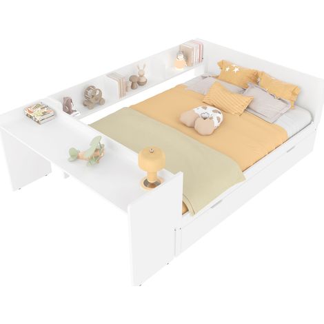 Lit double 140x200 avec bureau, lit tiroir 90x190 et 3 étagères, en pin et panneau de particules, blanc, gain de place, pour chambre enfant ou ado  CHICFURN (1/5)