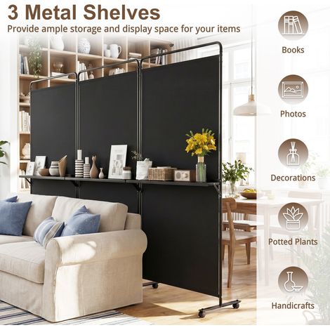 Paravent pliable 3 panneaux noir 183 cm en métal et polyester avec étagères et roues verrouillables pour salon, chambre et bureau (1/5)