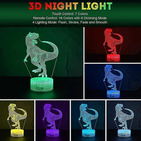 3D-Dinosaurier-Nachtlicht, Letour-Nachtlichter, 3D-Illusionslichter mit Fernbedienung, 16-farbige Hologrammlampe, Weihnachts-, Halloween- und Geburtstagsgeschenk für Kinder (1/4)