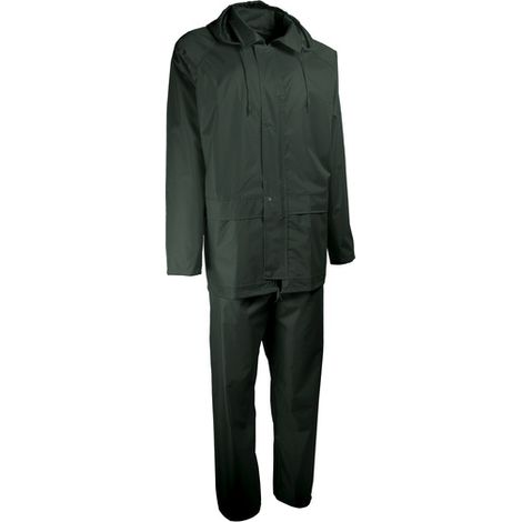 Complet de Pluie 2 Pièces Veste + Pantalon PVC Souple Vert - Impermeable Coutures etanchees - Capuche Integree - Taille XL - EPI Cat. I