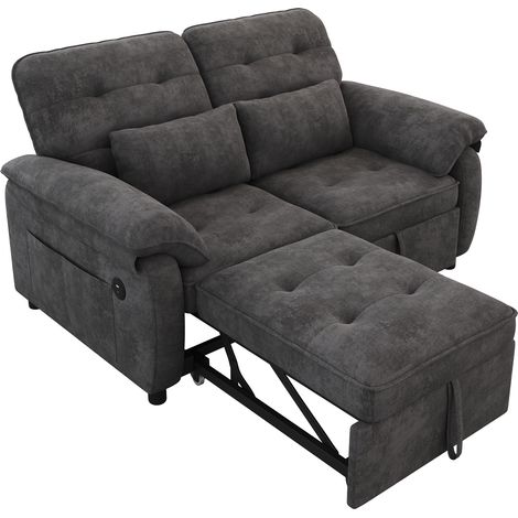 ELVMI Sofá Cama Convertible 2 Plazas 3-en-1 con Respaldo Ajustable, Puertos USB y Tipo C, 2 Cojines, Chenilla Gris (1/5)