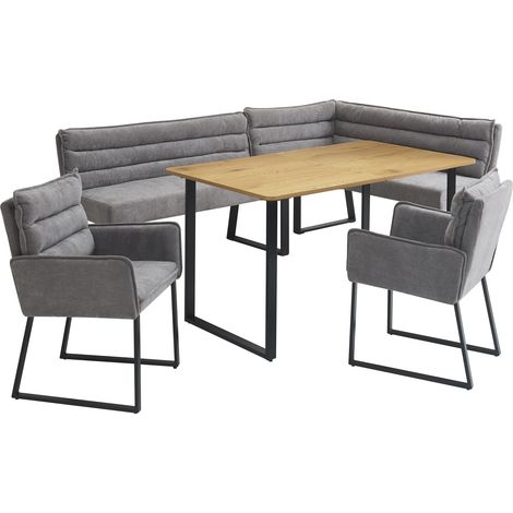 Ensemble repas avec banquette d'angle, 2 chaises et table 140x80 cm en chenille grise et structure bois (1/5)