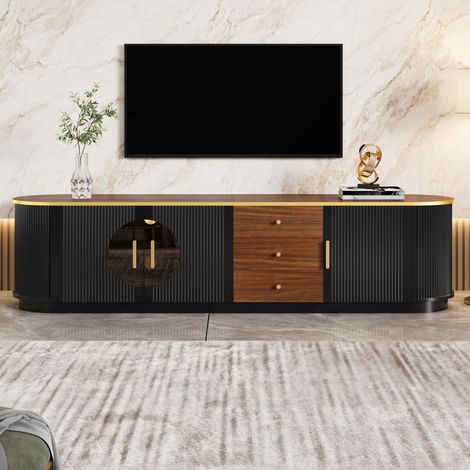 Meuble TV noir 175x40x41,5 cm effet bois design incurvé minimaliste 4 portes push-open grand rangement passe-câbles salon soigné