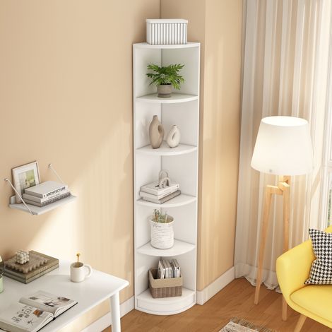 Bibliothèque d’Angle avec 5 Étagères, Design Triangulaire Gain de Place, Style Moderne, en MDF, 42×30×180 cm, Blanc (1/5)