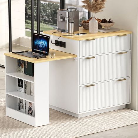 Îlot de cuisine rangement à tiroirs meuble de cuisine roulettes intégrées table à manger extensible éclairage led étagères réglables
