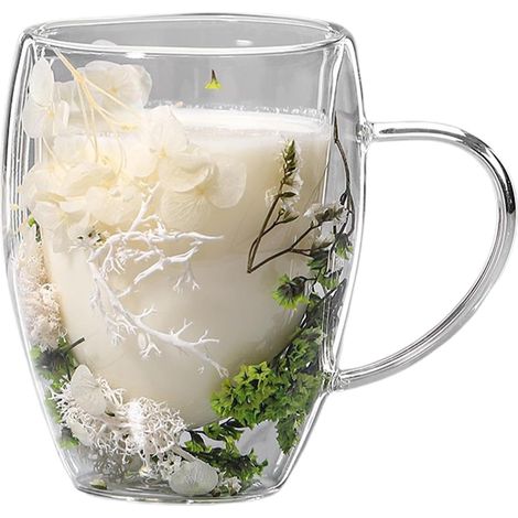 Tasse En Verre À Double Paroi,Tasses À Café En Verre À Double Paroi Tasses en verre de fleurs séchées de 350 ml avec poignée - Tasses à café anti-brûlure pour chocolat, thé, café, jus (1/5)