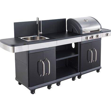 Cook'In Garden – Cuisine d'extérieur FIDGI 3 – Barbecue au gaz 3 brûleurs inox – Desserte avec évier et roues multidirectionnelles – Surface 242x57x114cm