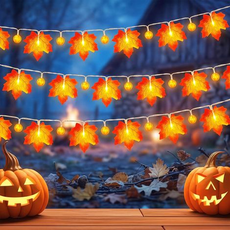 Herbstgirlande, 3 m lange Lichterkette mit 20 LED-Ahornblättern, Herbstdekoration, Halloween, Party, Kürbis, Weihnachten, schafft eine warme Atmosphäre für Familienfeiern (2er-Pack) (1/5)