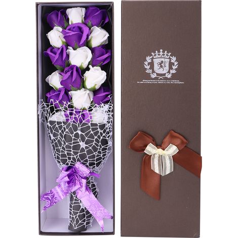 Bouquet de roses artificielles innovantes en fleurs de savon, violet et blanc, avec boîte, cadeau idéal pour mariage, Saint-Valentin et fêtes (1/5)
