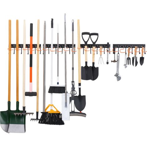 VEVOR Porte-Outils de Jardin Mural 1727,2 mm, Support Mural pour Outils, Charge Totale 204 kg, 4 Rails, 24 Crochets en L Fixes, 20 Crochets en S Reglables, pour Pelles, Balais, Garage, Abri de Jardin (1/5)