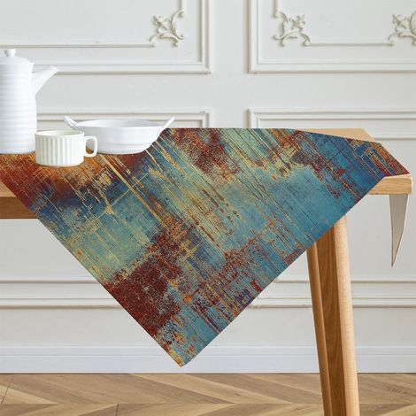 Tischdecke 100x100 cm Orange Blau Abwaschbar Leinen Modern Kunst
