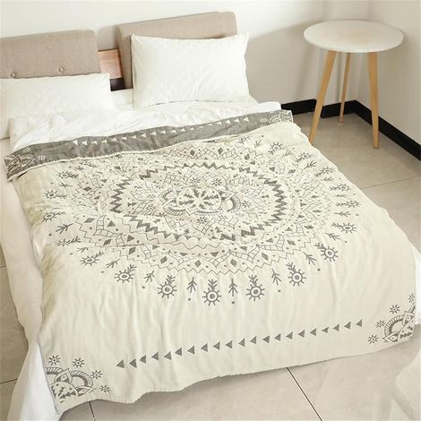 Couverture Bohème 150x200 cm, 100% Coton, Double Face Réversible, Motif Gris & Beige, pour Canapé et Lit (1/5)