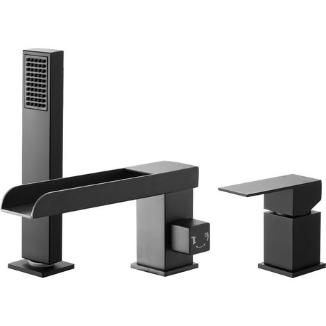 Mitigeur de Baignoire Romaine, Robinet de Baignoire à 3 Trous, Cascade, avec Pommeau de Douche et Une Poignée, en Acier Inoxydable, pour Lavage des Animaux, Salle de Bains, Maison, Noir Mat (1/5)