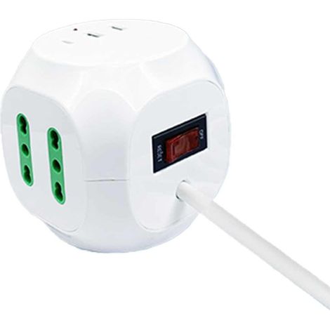 Multipresa Cubo 8 Posti 4 Prese 10/16A + 1 Presa Bipasso Schuko + 2 USB + USB C 3.0 con Interruttore Spina 10A Cavo 1.5m Bianco (1/3)