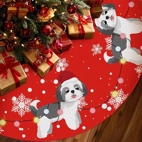 Falda roja para árbol de Navidad, estampado Shih Tzu, tapete para árbol, 120 cm, decoración navideña de invierno para el hogar. (1/5)