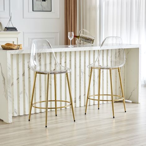 Tabourets bar transparents lot 2 design aérien pieds métal doré cuisine îlot style luxe minimaliste 102 cm